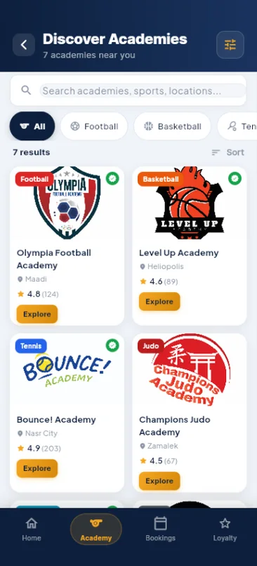Discover Academies list with search, sport filters and ratings