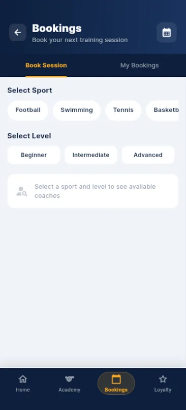 Bookings screen to choose a sport and level