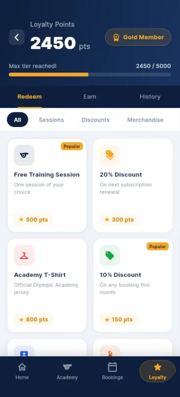Loyalty points screen with member tier and rewards to redeem