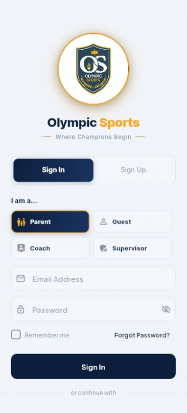 Olympic Sports sign-in screen with role selection for parent, guest, coach and supervisor